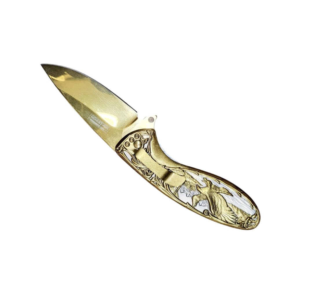 Falcon 8" Eagle Designed Handle Spring Assisted Knife Gold - KS3607GD