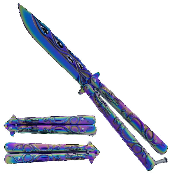 8" Overall Rainbow Practice Butterfly Knife w/Dragon Engraved Handle - KA1088RB