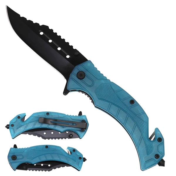 8.5"Spring Assisted Pocket Knife with Blue Transparent Handle - KS1397BL