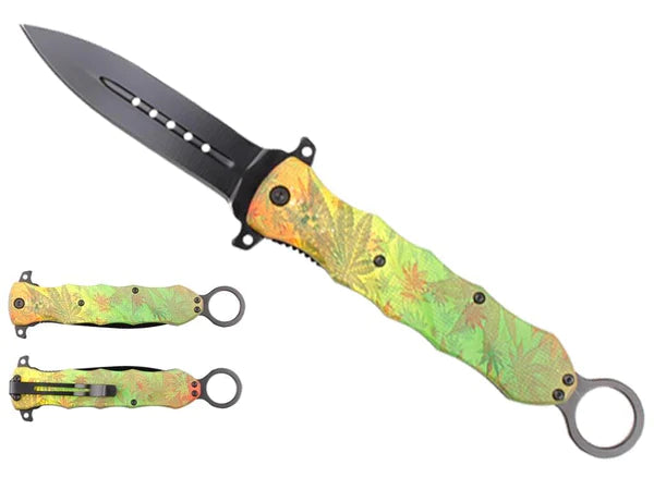 10" Pocket Knife with belt clip, marijuana leaf handle - KS1501ML