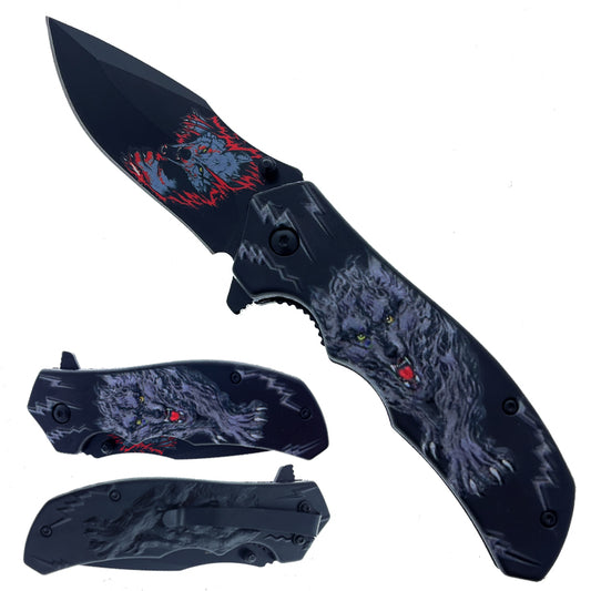 8" Silver Spring Assisted Knife 3D Gray Wolf - KS1927BK