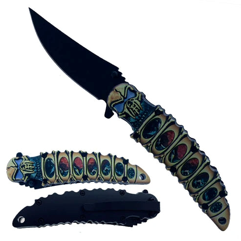 8.25" Blue Skull Handle Spring Assisted Knife with Belt Clip - KS1947BL