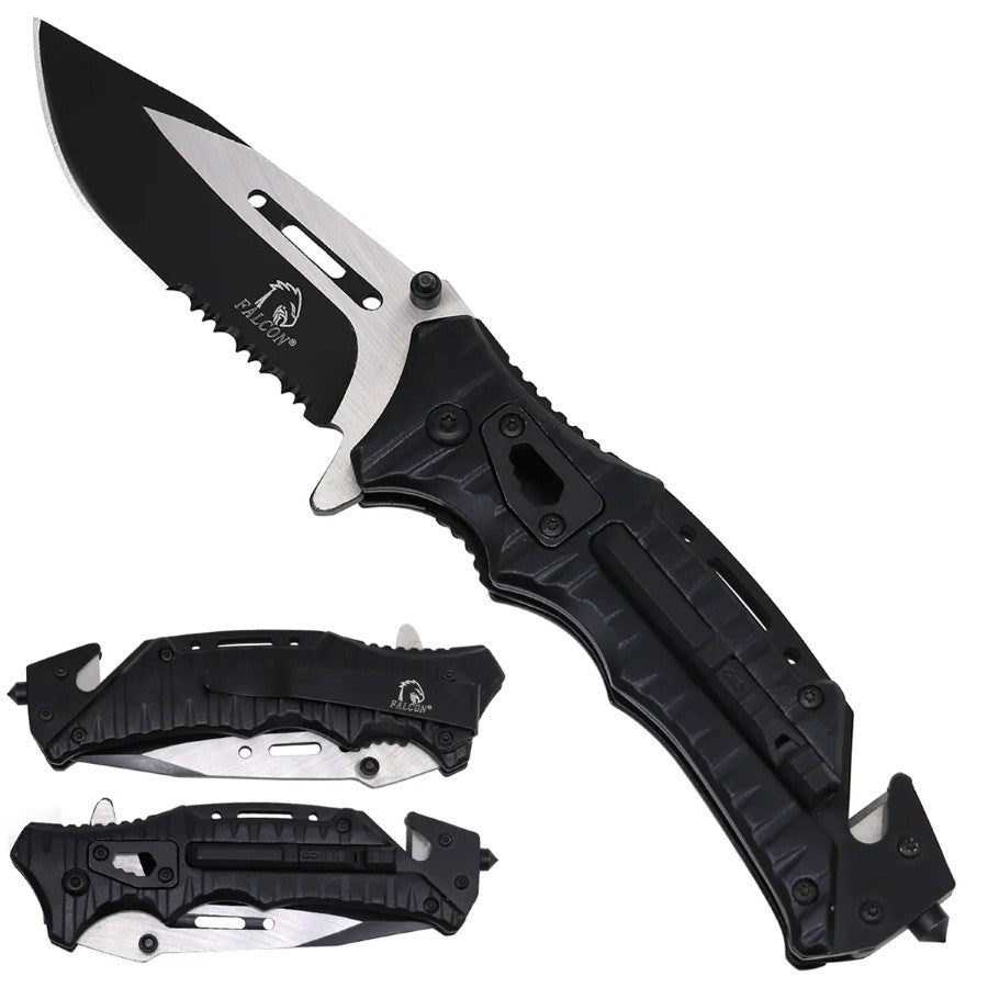 8.25" Falcon Spring Assisted Pocket Knife with Black Serrated Blade - KS2201BK