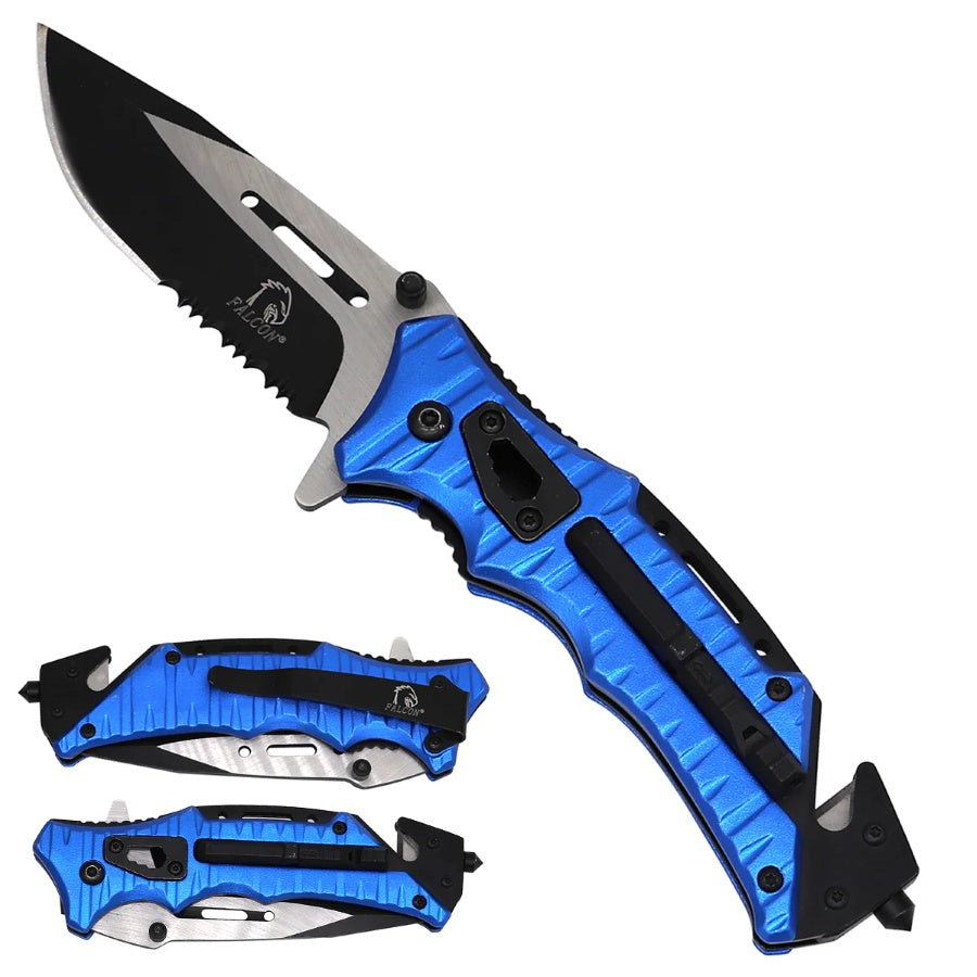8.25" Falcon Spring Assisted Pocket Knife with Black Serrated Blade (Navy Blue Handle) - KS2201NV