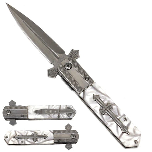 8 7/8" Falcon Gray Blade White Faux Marble Cross Handle Spring Assisted Knife- KS3004CWT