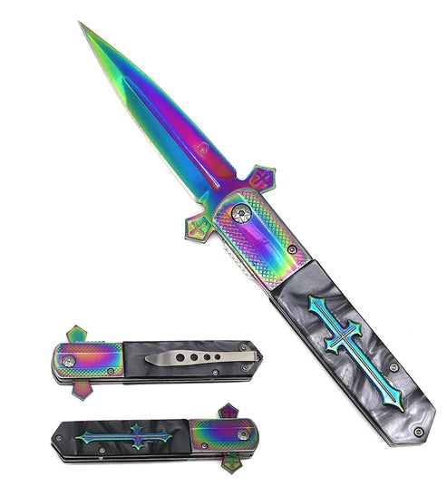 8 7/8" Falcon Rainbow Blade Gray Marble Resin Inlay Handle Spring Assisted Knife- KS3004RB