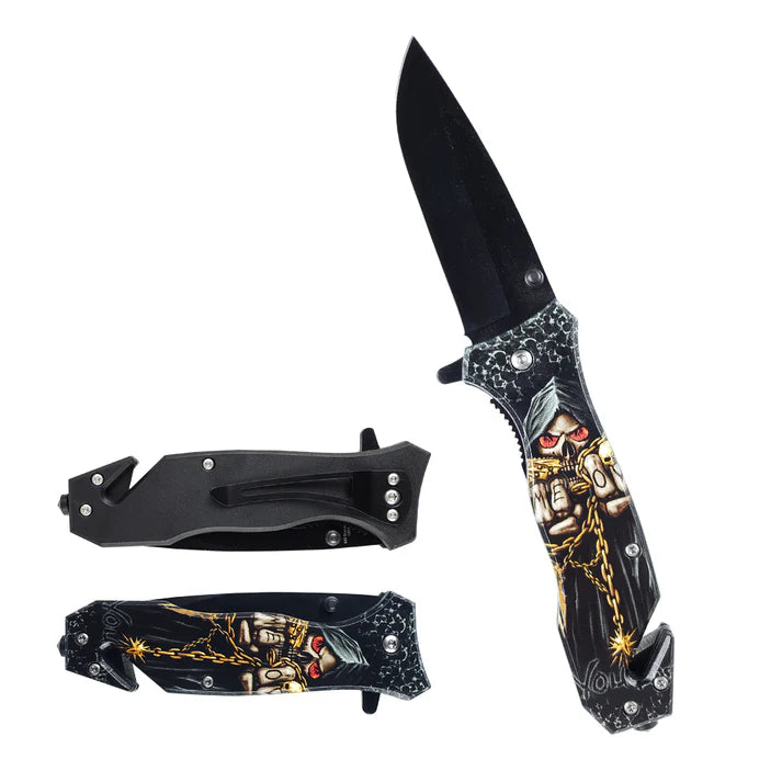8" Spring Assisted Knife Grim Reaper Print on Handle - KS31325-2