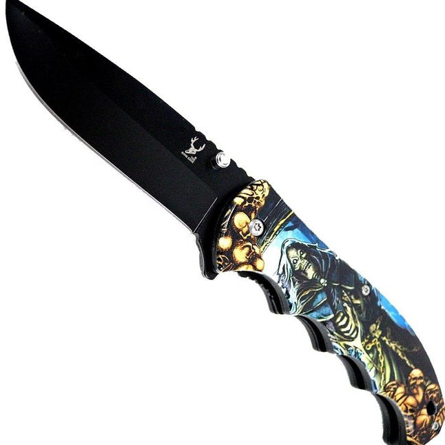 8" Spring Assisted Knife Skull Print on Handle - KS31325-5