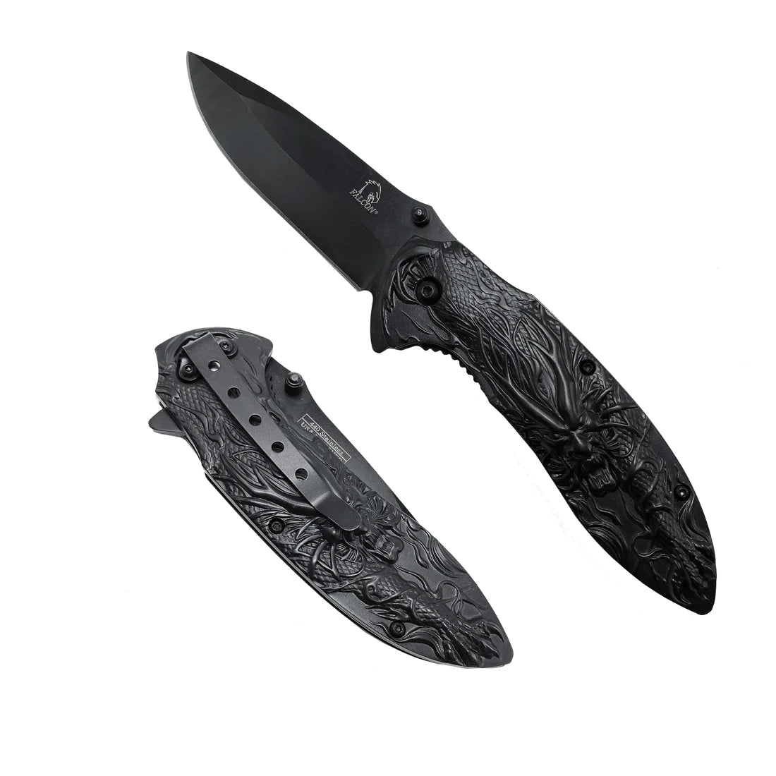 Falcon 3" Black Titanium Blade 4.75" Black Steel Handle with Kirin (Qilin) Engraving - KS3764BK