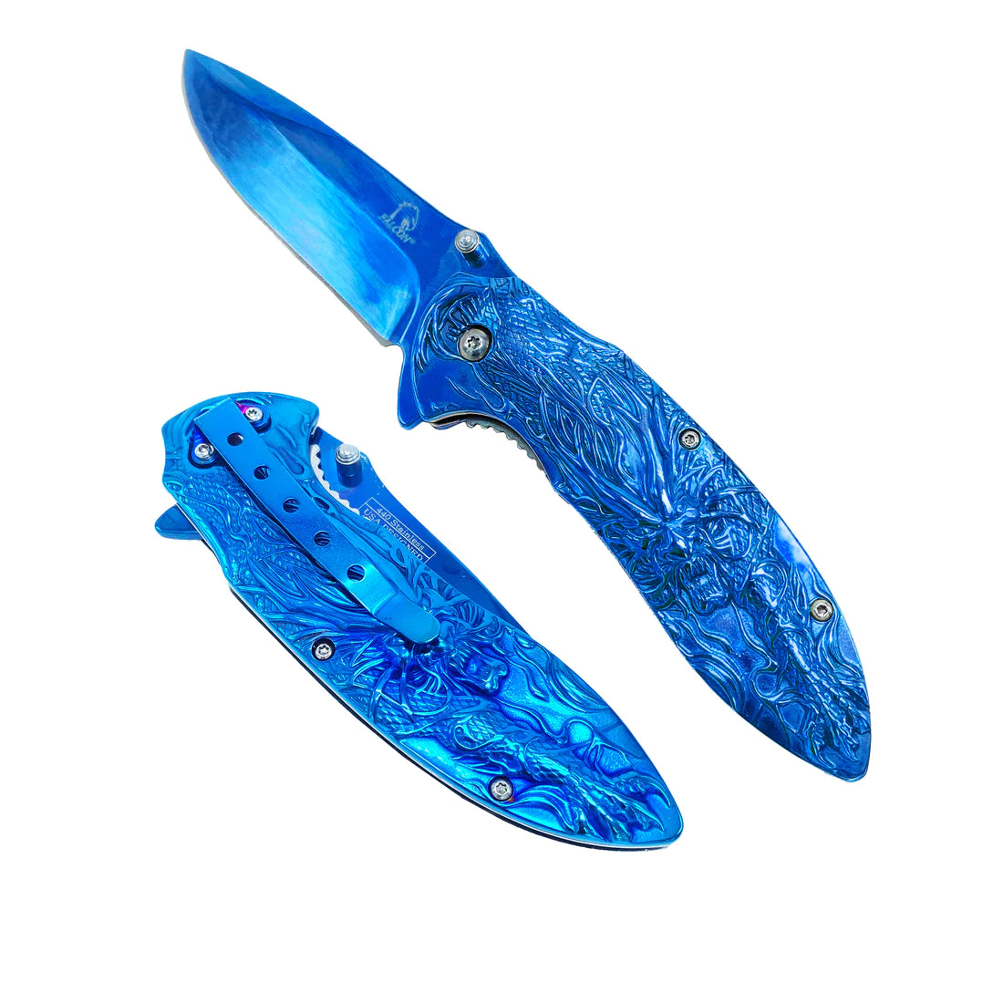 Falcon 3" Blue Titanium Blade 4.75" Blue Steel Handle with Kirin (Qilin) Engraving - KS3764BL