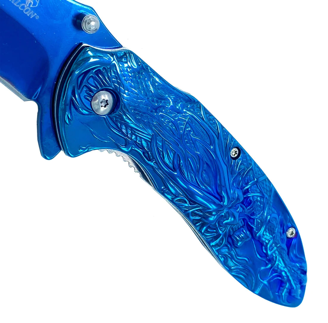 Falcon 3" Blue Titanium Blade 4.75" Blue Steel Handle with Kirin (Qilin) Engraving - KS3764BL