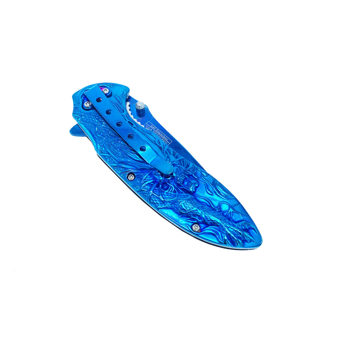 Falcon 3" Blue Titanium Blade 4.75" Blue Steel Handle with Kirin (Qilin) Engraving - KS3764BL