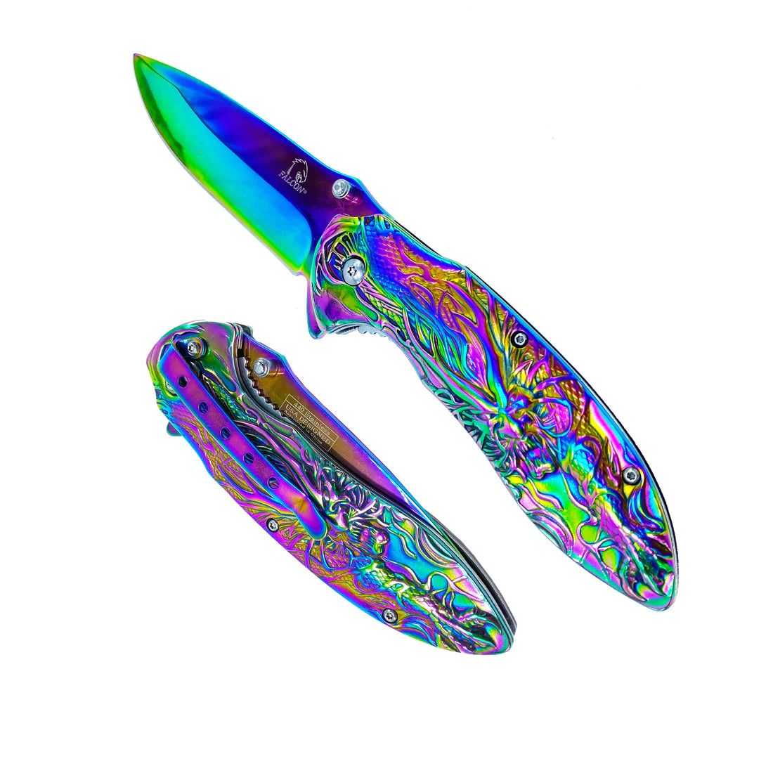Falcon 3" Rainbow Titanium Blade 4.75" Rainbow Steel Handle with Kirin (Qilin) Engraving - KS3764RB