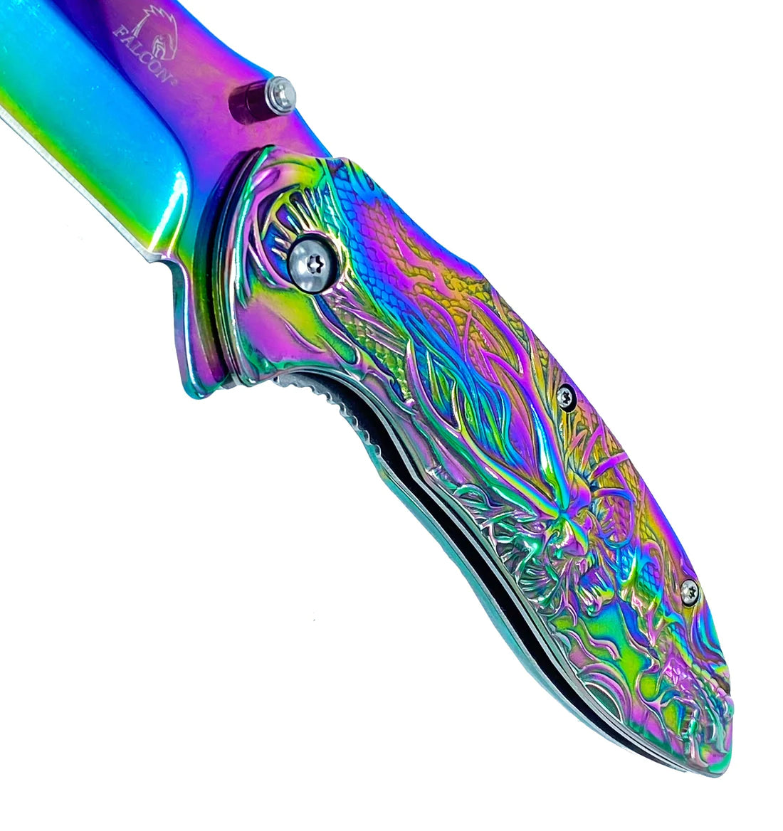 Falcon 3" Rainbow Titanium Blade 4.75" Rainbow Steel Handle with Kirin (Qilin) Engraving - KS3764RB