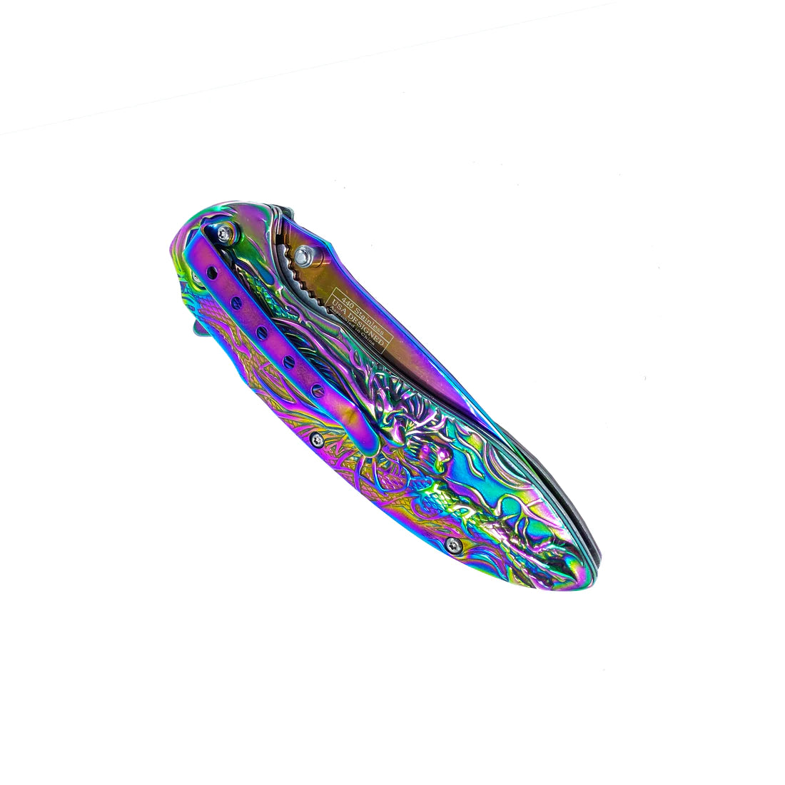 Falcon 3" Rainbow Titanium Blade 4.75" Rainbow Steel Handle with Kirin (Qilin) Engraving - KS3764RB