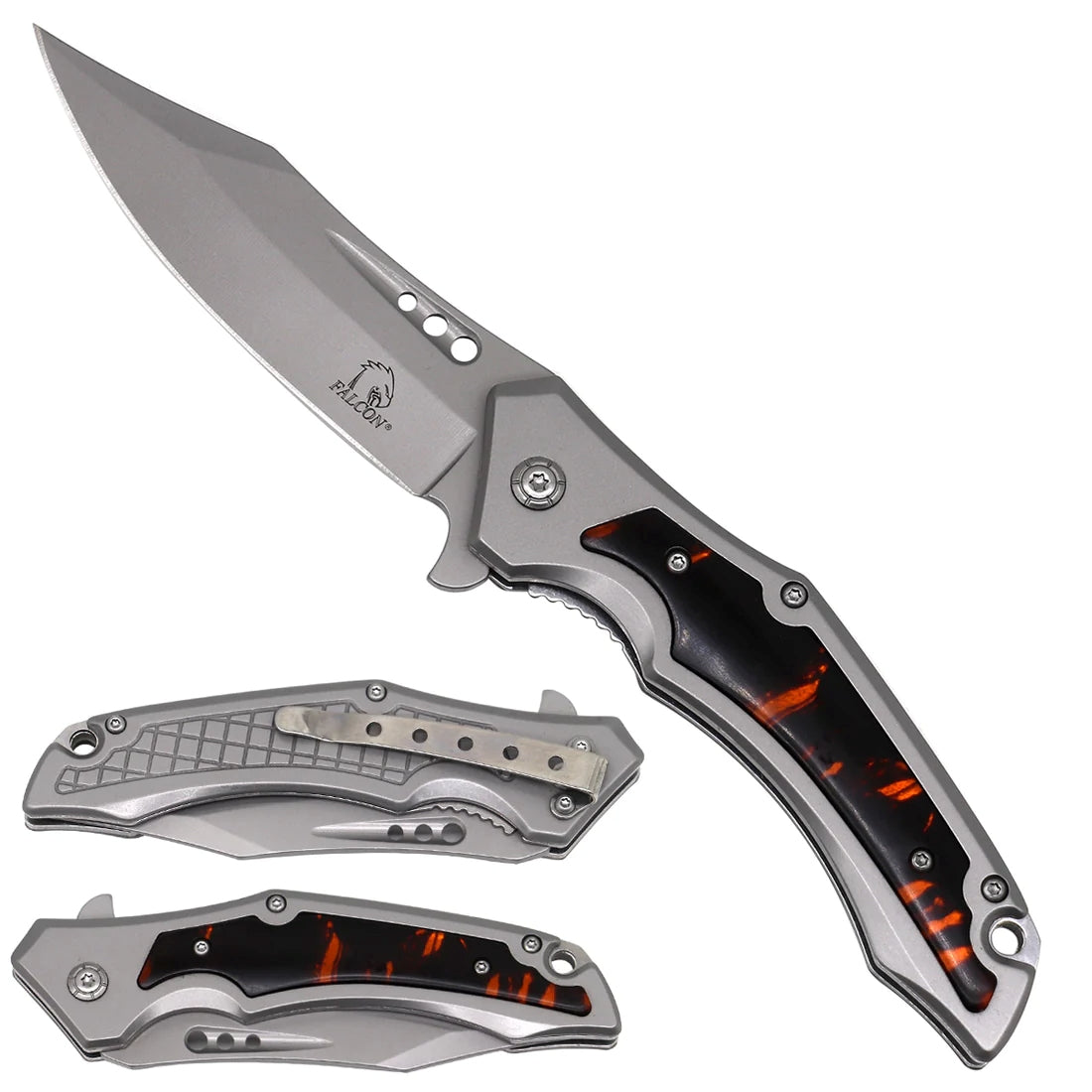 8" Falcon Black & Red on Chrome Handle Pocket Knife - KS3785GPO