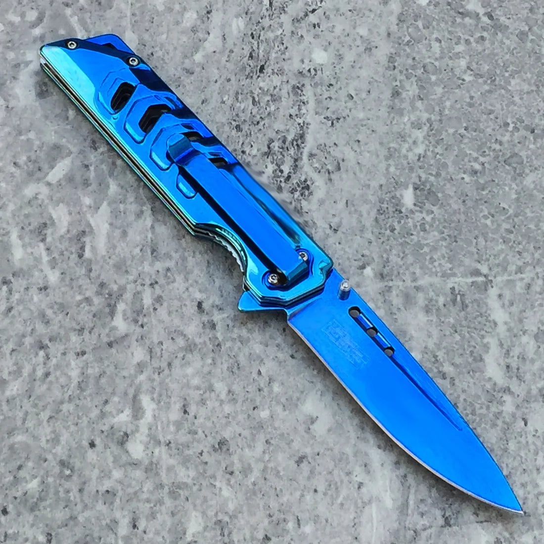 Falcon 8- 3/4" Mirror Blue Spring Assisted Pocket Knife - KS4621BL