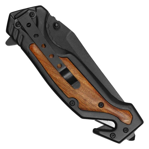 Wartech 8.5" Black Spring Assisted Pocket Knife with Black Wood inlay handle - PWT125BK