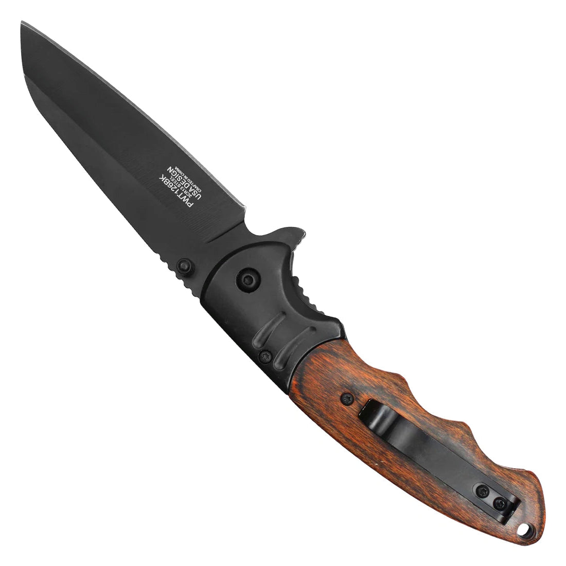 Wartech 8.5" Black Spring Assisted Pocket Knife w/ Dark Wood Inlay Handle - PWT126BK