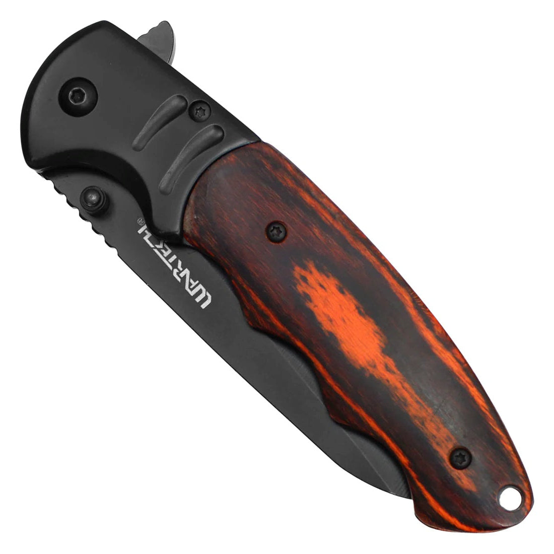 Wartech 8.5" Black Spring Assisted Pocket Knife w/ Dark Wood Inlay Handle - PWT126BK