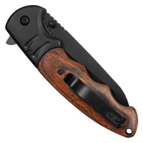 Wartech 8.5" Black Spring Assisted Pocket Knife w/ Dark Wood Inlay Handle - PWT126BK