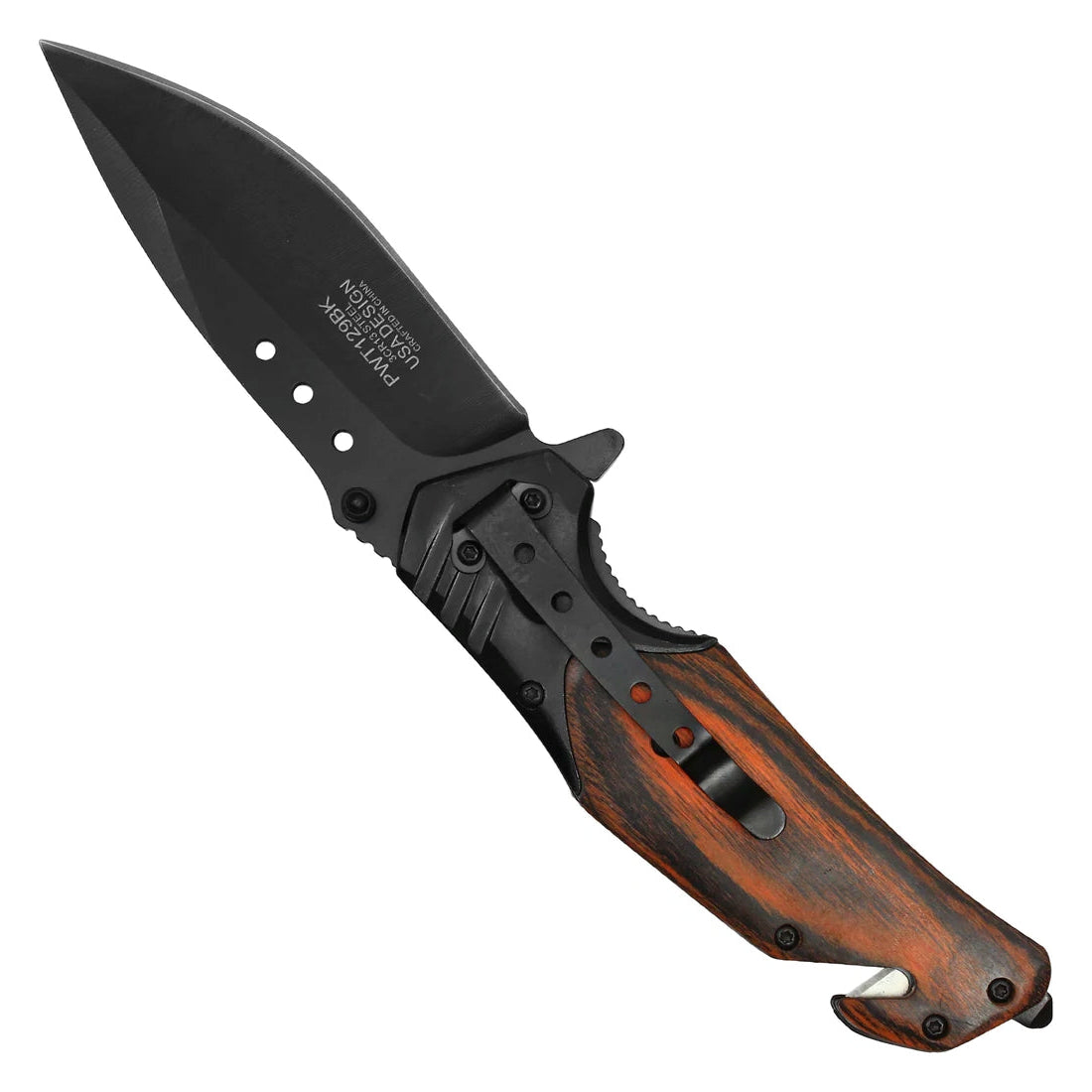 Wartech 8.5" Black Pocket Knife with wood inlay handle - PWT129BK