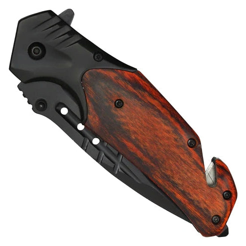 Wartech 8.5" Black Pocket Knife with wood inlay handle - PWT129BK