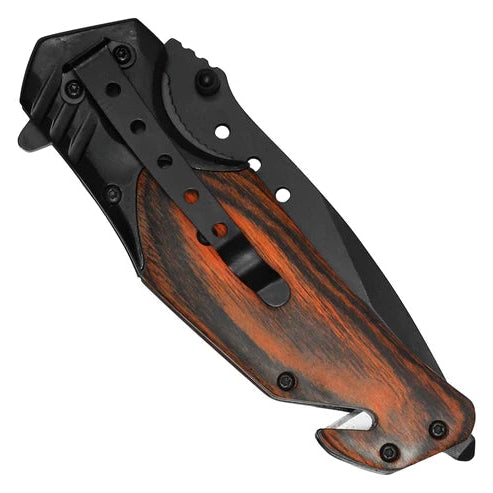 Wartech 8.5" Black Pocket Knife with wood inlay handle - PWT129BK