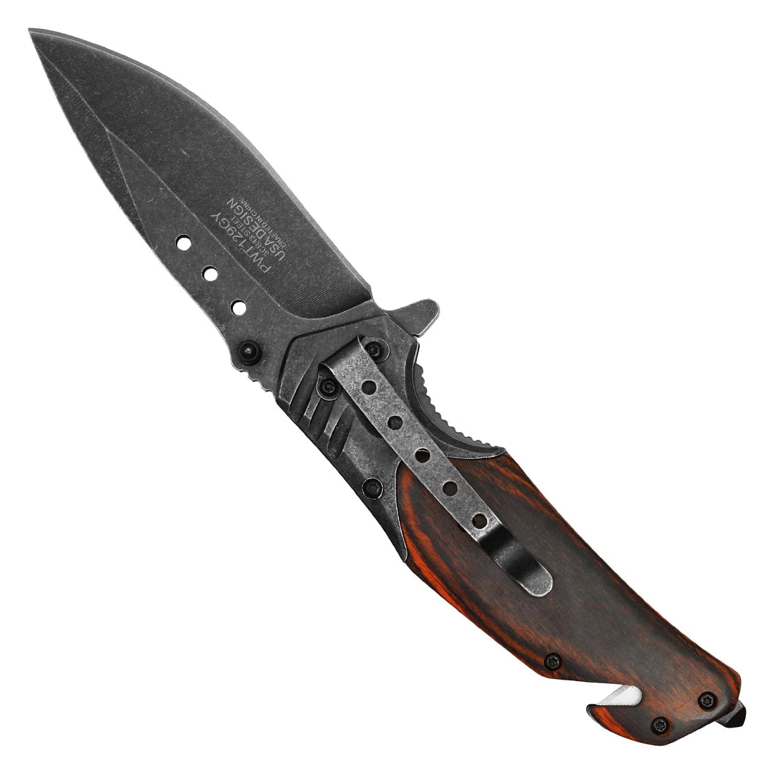 Wartech 8.5" stonewashed color Pocket Knife with dark wood inlay handle - PWT129GY