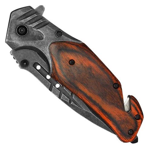 Wartech 8.5" stonewashed color Pocket Knife with dark wood inlay handle - PWT129GY