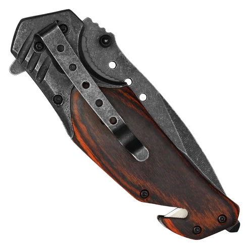 Wartech 8.5" stonewashed color Pocket Knife with dark wood inlay handle - PWT129GY