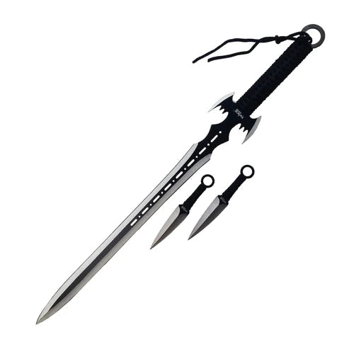 27" full length Tactical Master long knife, 3MM black & white jaw blade, black tie rope, 3PCS 6.5-inch two-color darts, Black nylon sleeve - SK0156SL