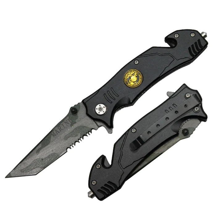 8" Spring Assist Marines Black Serrated Tanto Blade Pocket Knife - T1047051MA