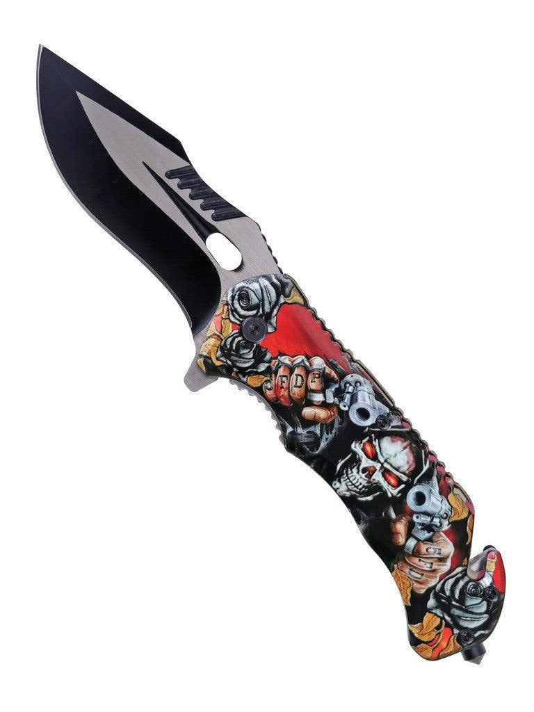 8″ ABS UV Printed Handle Spring Asst. Pocket Knife (Gun slinger) - T27104-6