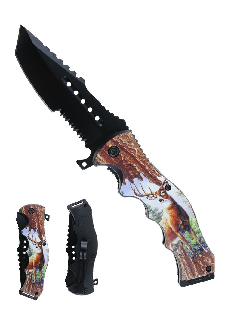 8.5″ ABS Handle Spring Asst. Pocket Knife w/ Clip – Deer Graphic- T27106-3