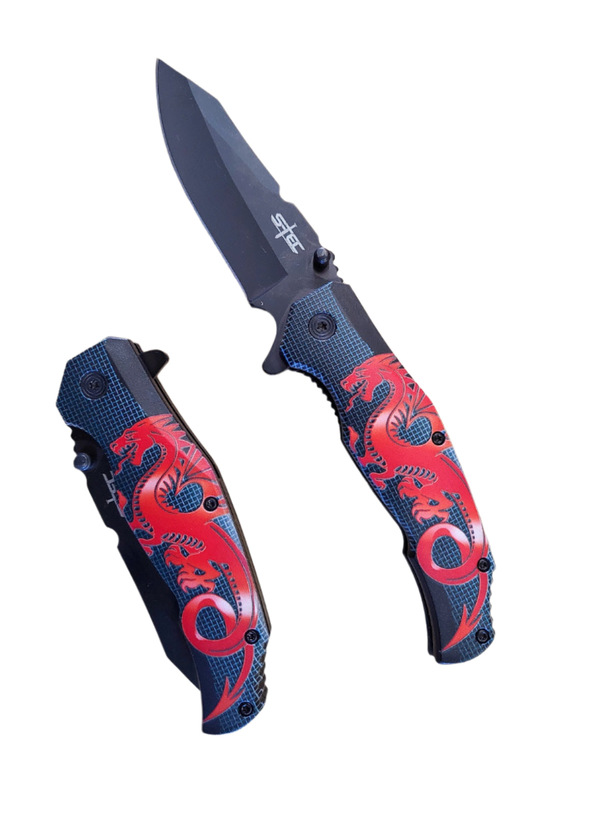 8″ ABS Handle Assisted Folding Knife w/ Dragon Graphic(Red)- T271211-1