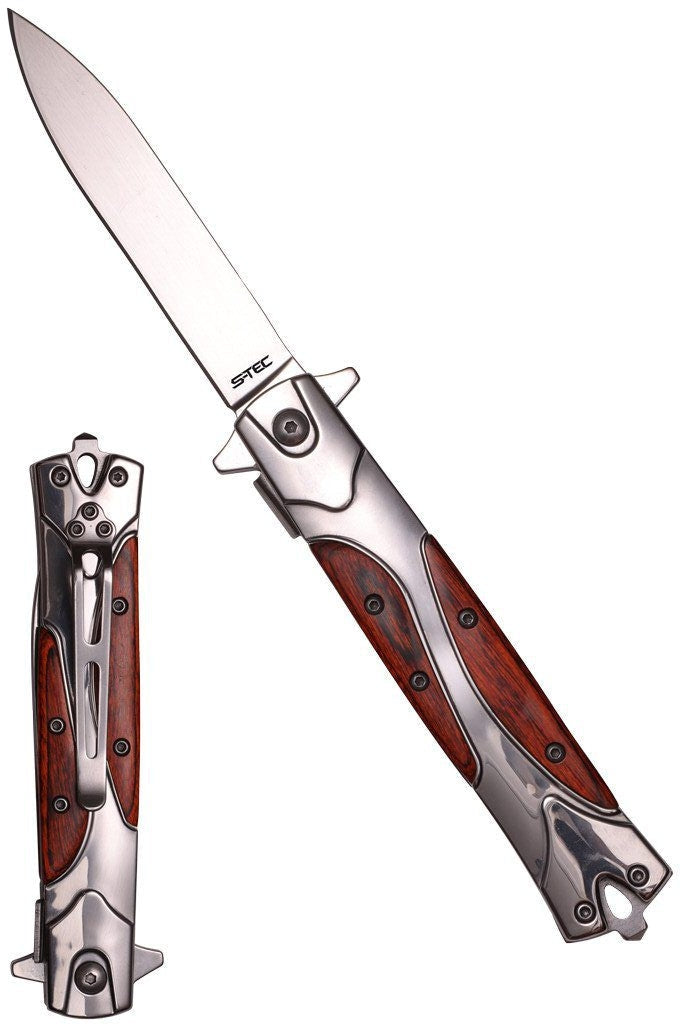 8.75″ Stainless Steel Polished Folding Knife with Wood Inlay - T273338-2