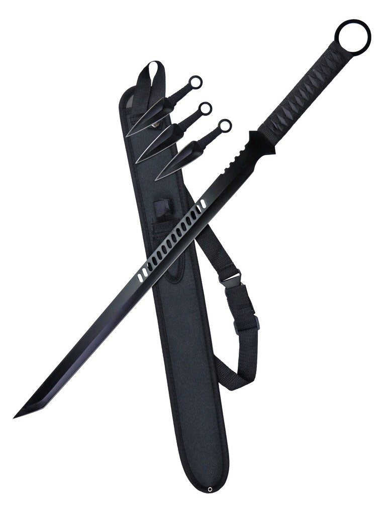 28″ Full Tang Black Coated Machete with 3 Knives - T631067BK3