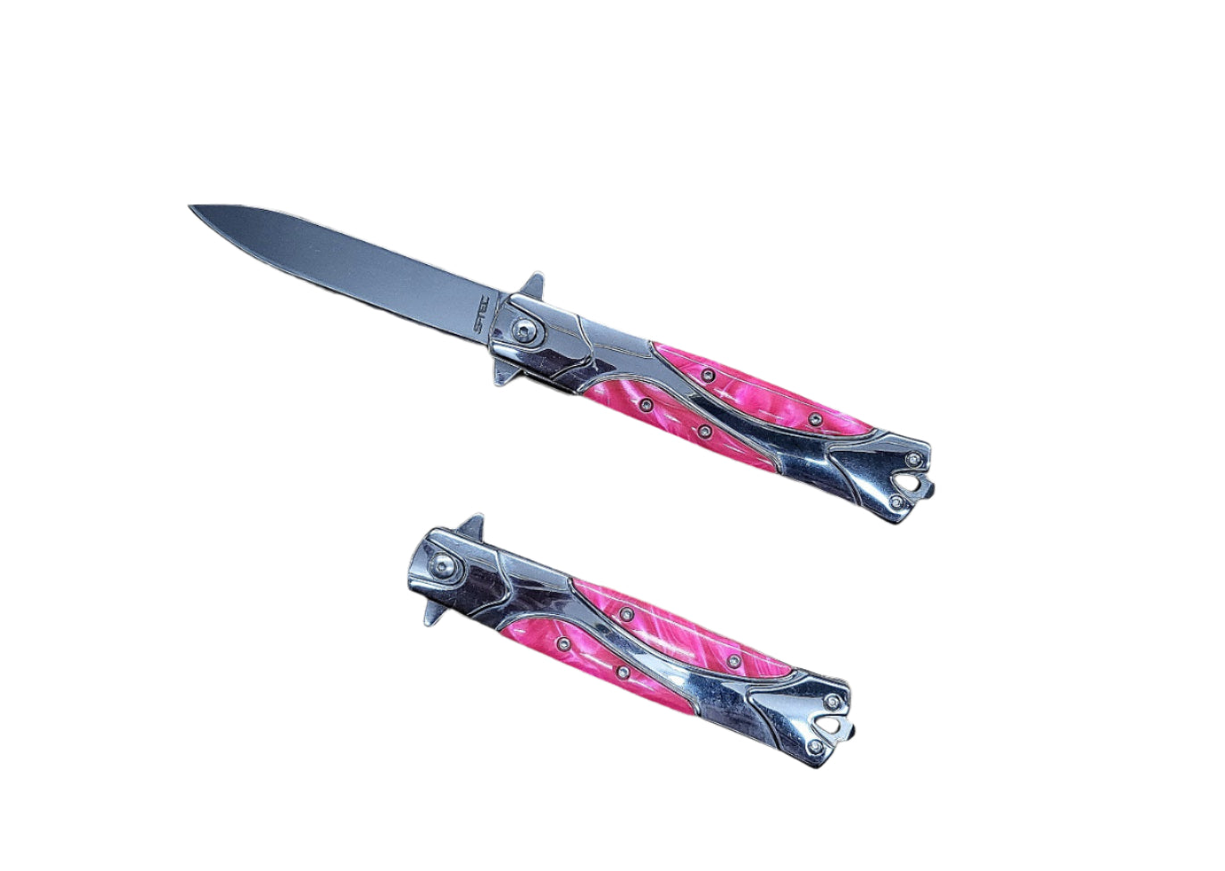 8.75″ Stainless Steel Polished Folding Knife with Pink Marble Resin Inlay - T273338-3
