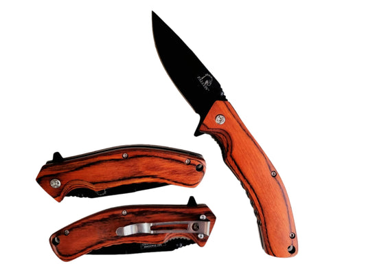 7.5" Falcon Black and Wooden Handle Spring Assisted Pocket Knife - KS4001BWD