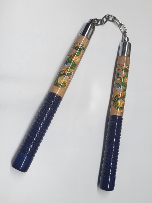 12" Wooden Dragon printed Nunchucks w/ Metal Chain & blue color handle- FNW235DG-BW