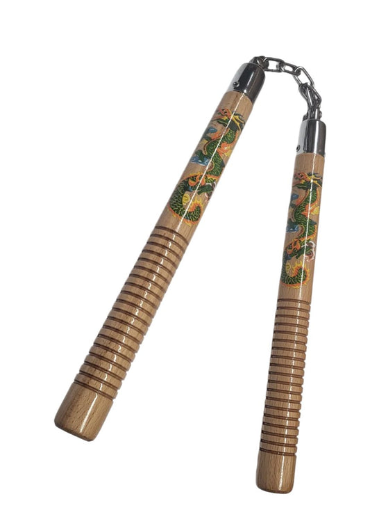 12" Wooden Dragon printed Nunchucks w/ Metal Chain - FNW235DG-WD