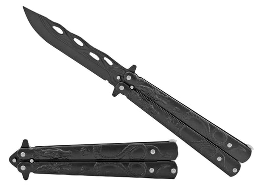 8" Overall Practice Butterfly Knife w/Dragon Engraved Handle - KA1088BK