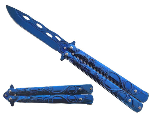 8" Blue Overall Practice Butterfly Knife w/Dragon Engraved Handle - KA1088BL