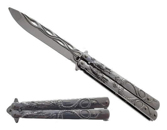 8" Overall Chrome Practice Butterfly Knife w/Dragon Engraved Handle - KA1088CH