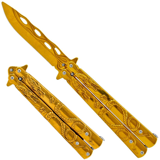 8" Gold Overall Practice Butterfly Knife w/Dragon Engraved Handle - KA1088GD