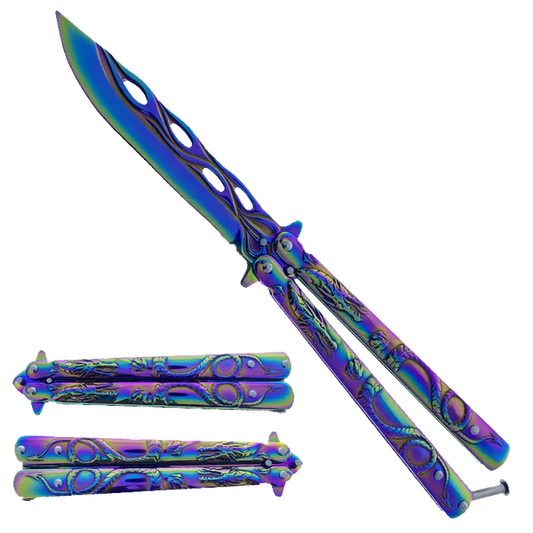 8" Overall Rainbow Practice Butterfly Knife w/Dragon Engraved Handle - KA1088RB