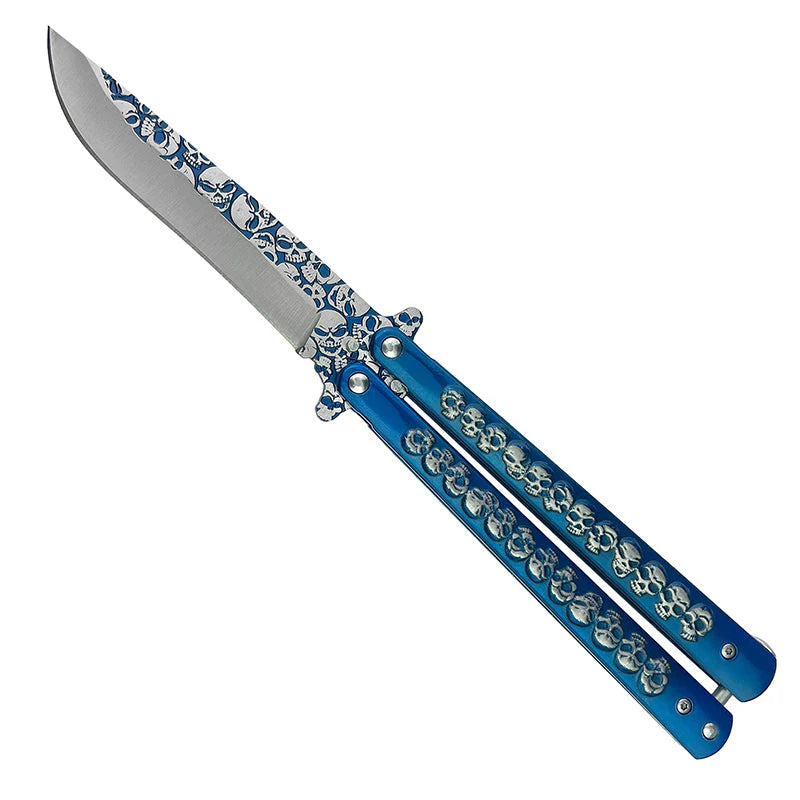 9.25" Blue Skulls Engraved Trainer Butterfly Knife -KA2061BL