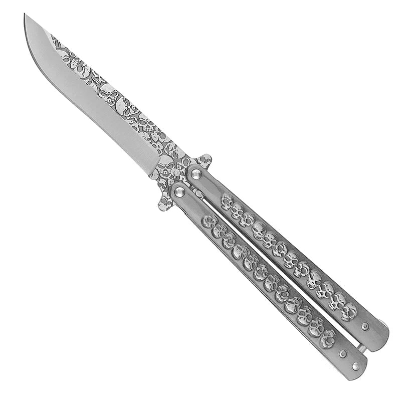 9.25" Silver Skulls Engraved Trainer Butterfly Knife -KA2061SL