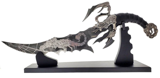 21 1/4" Fantasy Black Scorpion Dagger with Wooden Stand - KM1207